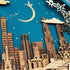 Close up of Chicago wooden skyline with engraved architectural details